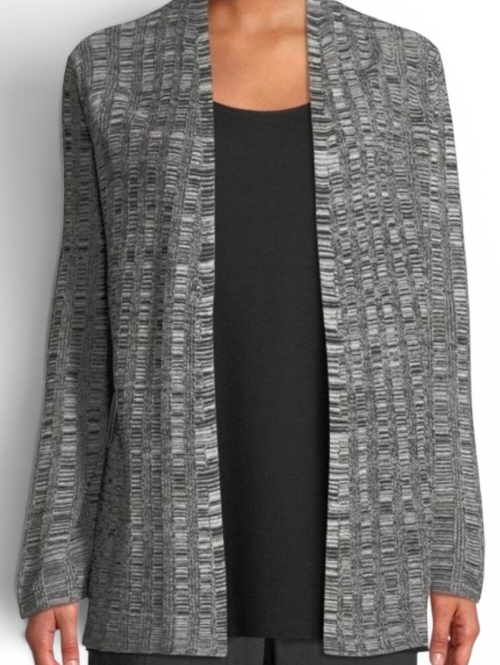 EILEEN FISHER Black White Textured Silk Linen Blend Open Cardigan - Medium